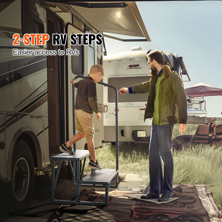 RV Steps, 2-Step RV Stairs, 199.58KGS Load Capacity, Thickened Carbon Steel, With Handrail, Non-Slip Steps for Safe Entry and Exit, Suit for RV, Trailer, Camper Steps