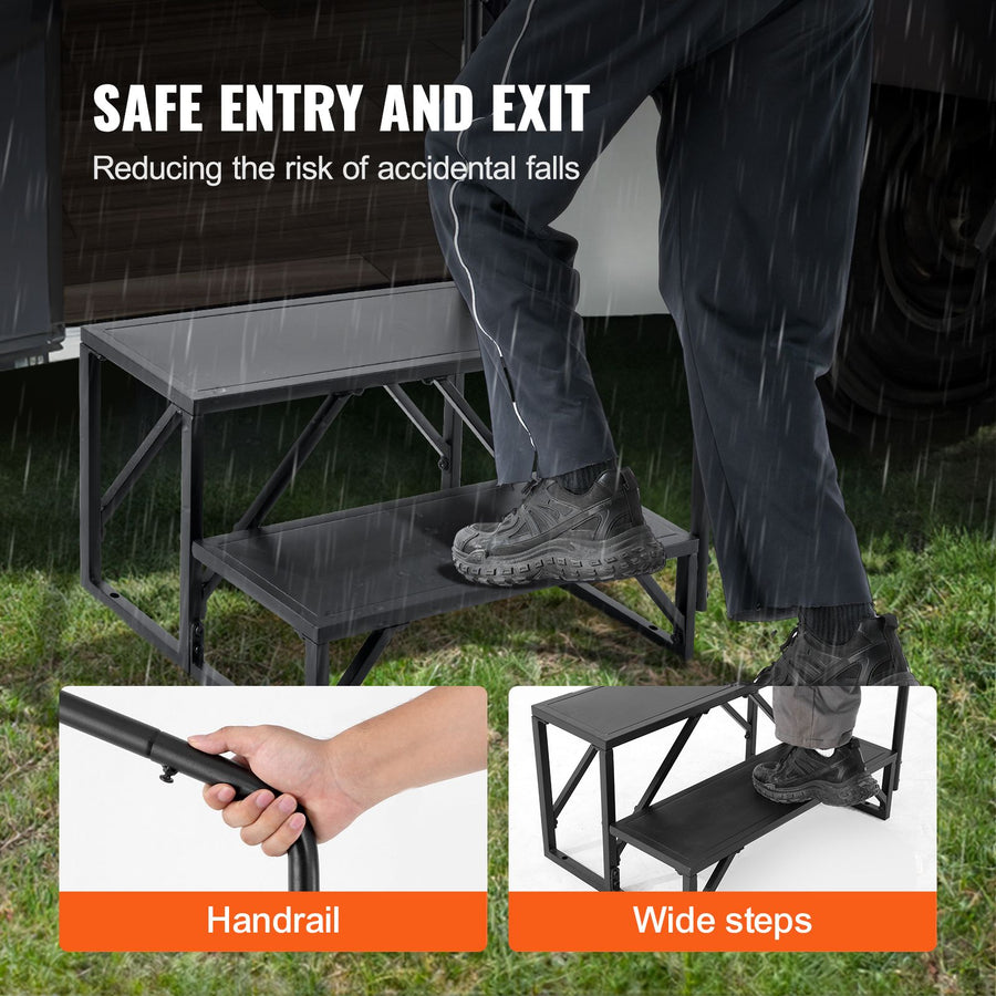 RV Steps, 2-Step RV Stairs, 199.58KGS Load Capacity, Thickened Carbon Steel, With Handrail, Non-Slip Steps for Safe Entry and Exit, Suit for RV, Trailer, Camper Steps