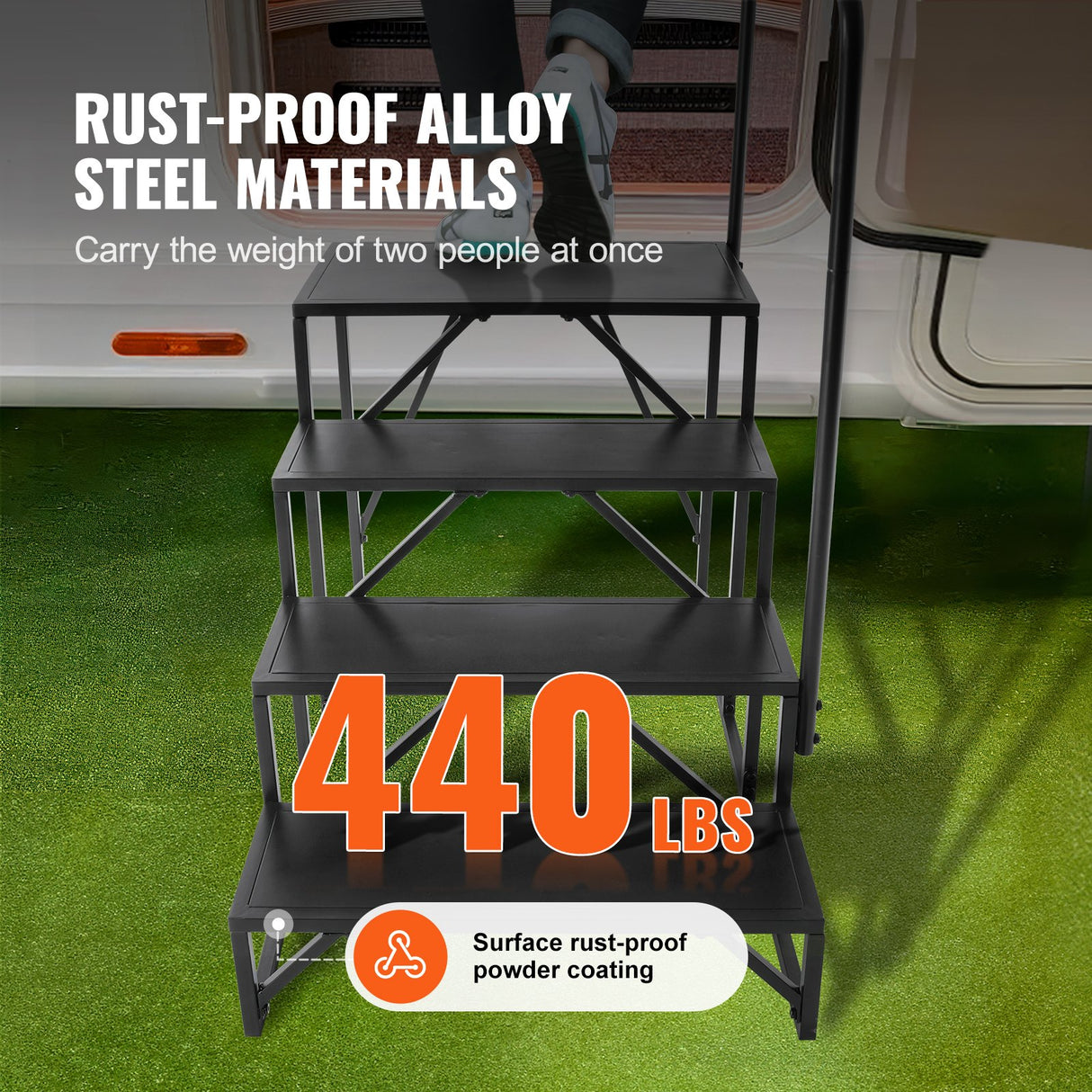 VEVOR RV Steps, 4-Step RV Stairs, 199.58KGS Load Capacity, Thickened Carbon Steel, With Handrail, Non-Slip Steps for Safe Entry and Exit, Suit for RV,