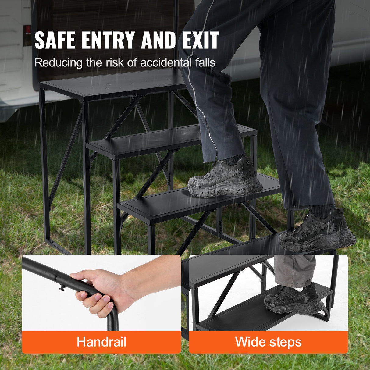 VEVOR RV Steps, 4-Step RV Stairs, 199.58KGS Load Capacity, Thickened Carbon Steel, With Handrail, Non-Slip Steps for Safe Entry and Exit, Suit for RV,