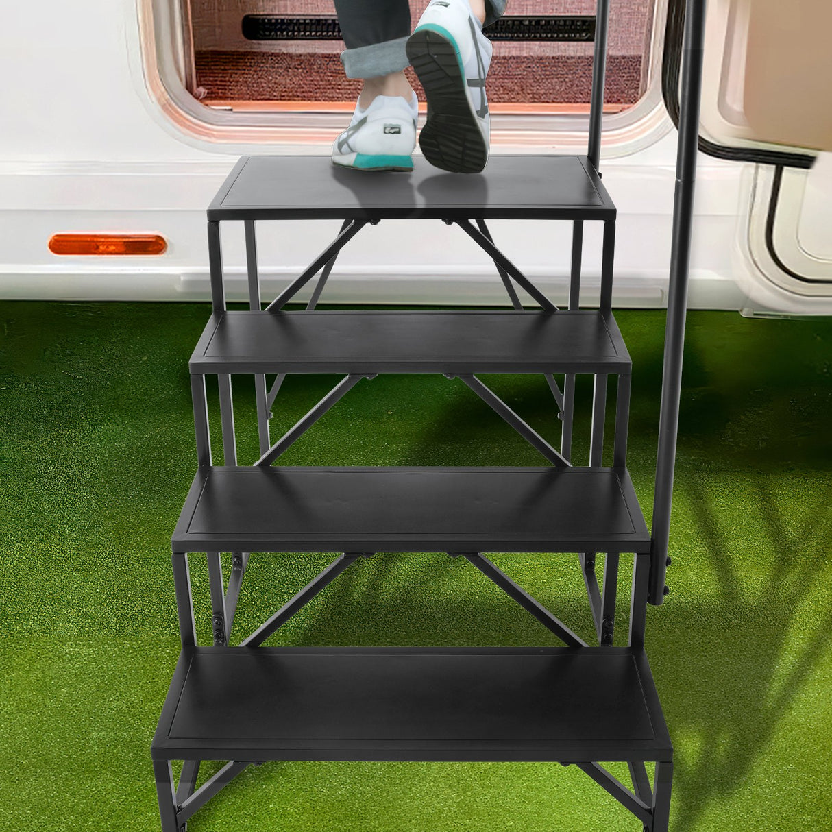 VEVOR RV Steps, 4-Step RV Stairs, 199.58KGS Load Capacity, Thickened Carbon Steel, With Handrail, Non-Slip Steps for Safe Entry and Exit, Suit for RV,