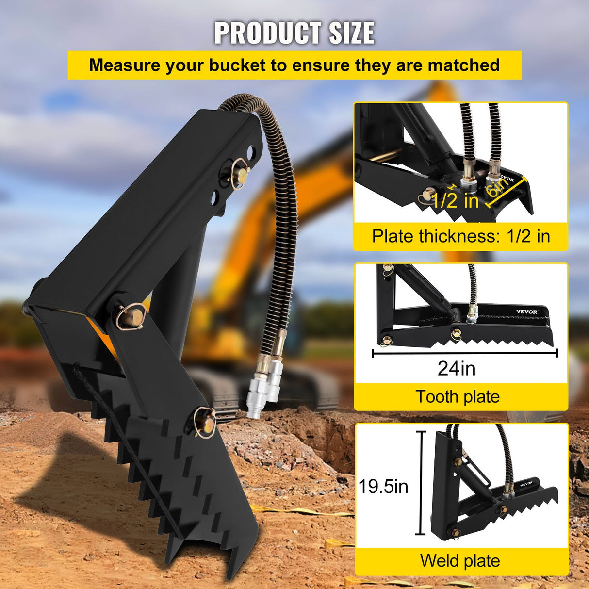 VEVOR 61cm Hydraulic Backhoe?Excavator Thumb?Attachments Weld On 1.27cm Teeth Thick Steel Plate Assembly 12MM Bolt-On Design with Hydraulic Cylinder