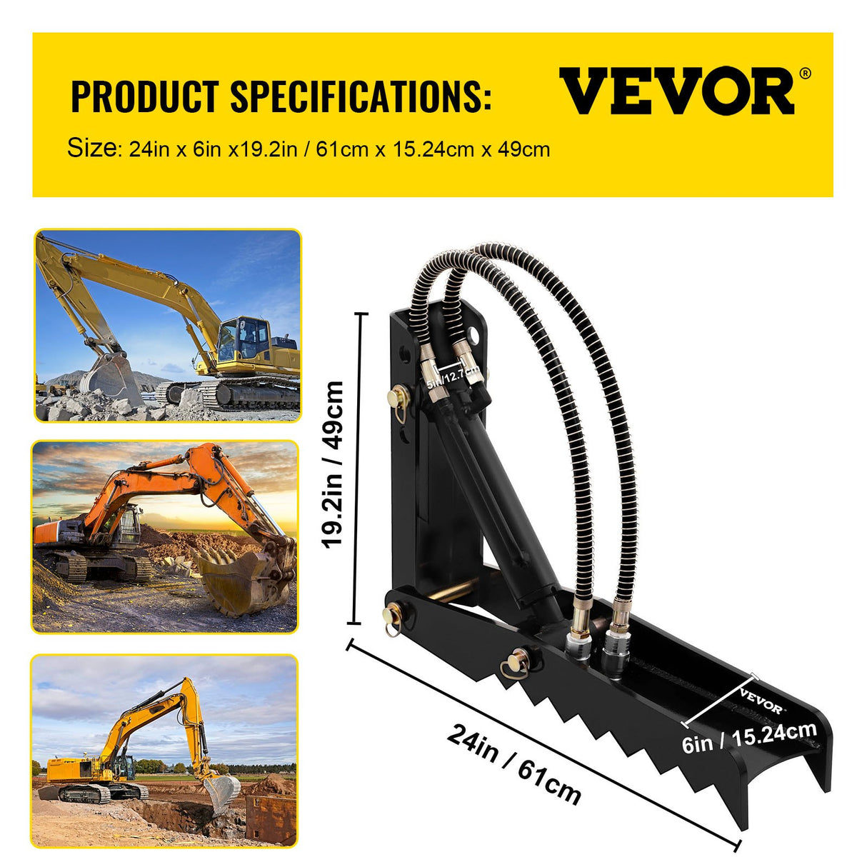 VEVOR 61cm Hydraulic Backhoe?Excavator Thumb?Attachments Weld On 1.27cm Teeth Thick Steel Plate Assembly 12MM Bolt-On Design with Hydraulic Cylinder