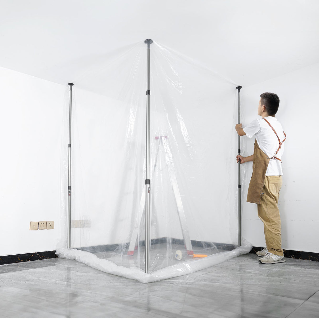 VEVOR Dust Barrier Poles, 12 Ft Barrier Poles, Dust Barrier System with 4 Telescoping Poles, Magnetic Zipper, Carry Bag and 32.8x13.12 Ft Plastic Film, for Interior Decoration, Painting