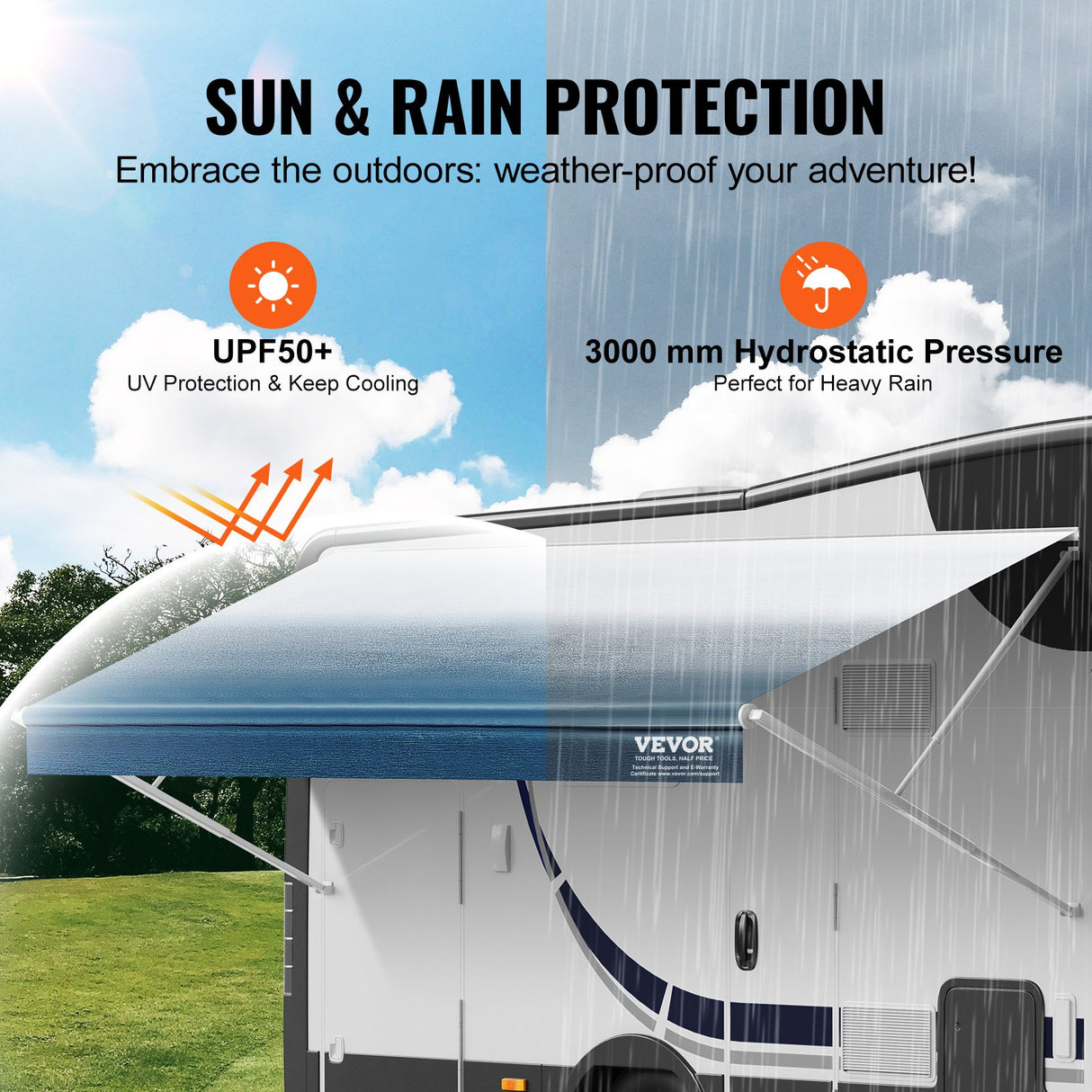 VEVOR RV Awning Fabric Replacement, 6.15m Fabric Length for 6.4m Awning, Heavy Duty 3-Ply 16oz PVC Camper Awning Fabric, Waterproof & UV Protection Outdoor Canopy for RV, Trailer, Motorhome, Blue Fade