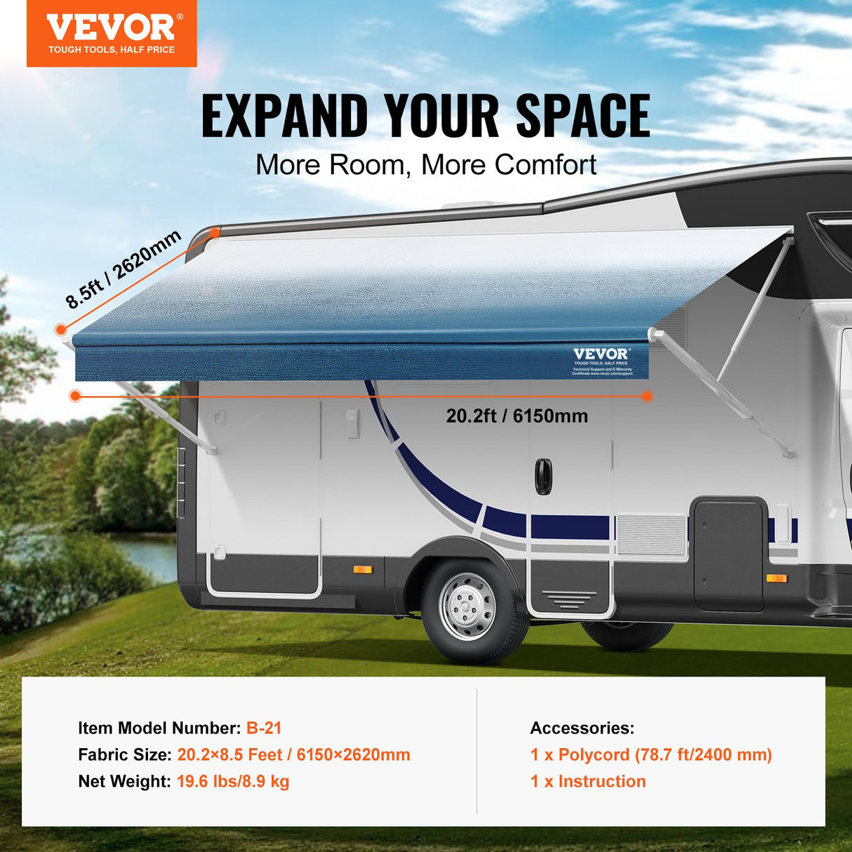 VEVOR RV Awning Fabric Replacement, 6.15m Fabric Length for 6.4m Awning, Heavy Duty 3-Ply 16oz PVC Camper Awning Fabric, Waterproof & UV Protection Outdoor Canopy for RV, Trailer, Motorhome, Blue Fade