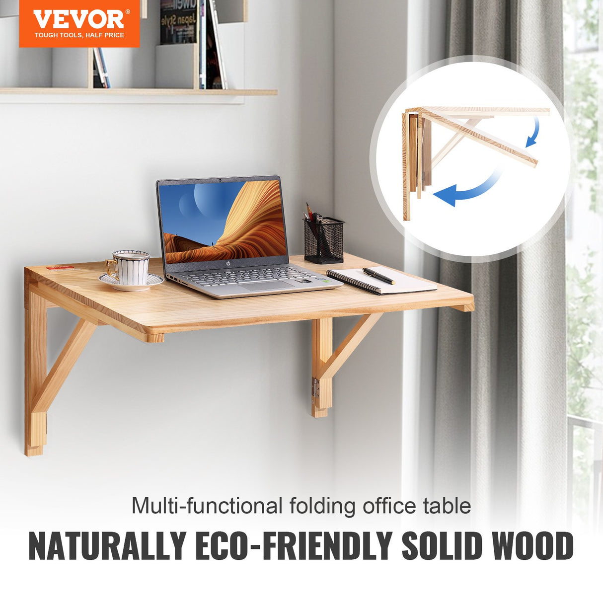 VEVOR Wall Mounted Folding Table, Wall Mounted Drop Leaf Tables, Solid Wood Floating Desk for Dining, Laundry Room, Office, 31.5" x 23.58" x 17.24"