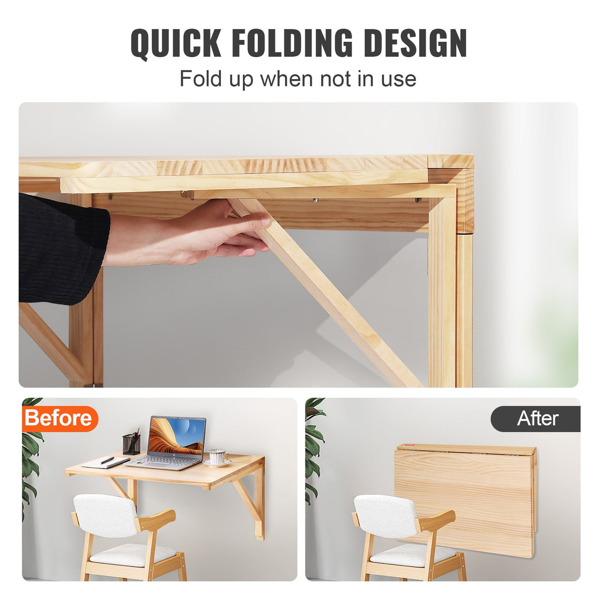 VEVOR Wall Mounted Folding Table, Wall Mounted Drop Leaf Tables, Solid Wood Floating Desk for Dining, Laundry Room, Office, 31.5" x 23.58" x 17.24"