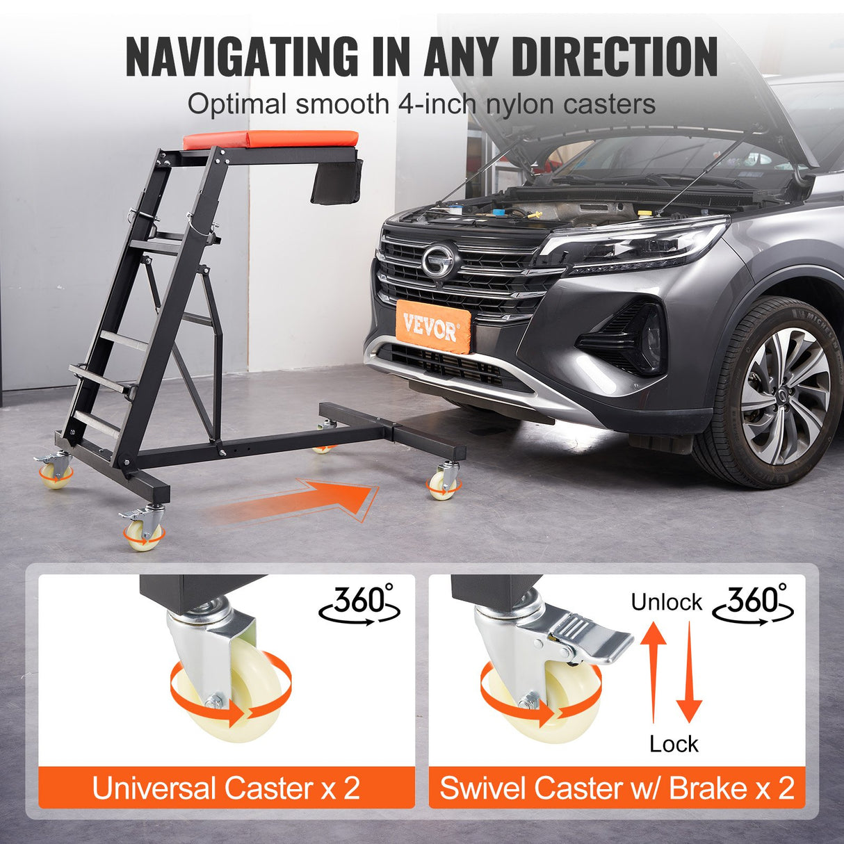 VEVOR Automotive Topside Creeper, with Adjustable Height 49.6" to 75.6", 181.44KGS Capacity High Creeper, 4 Swivel Caster Wheels, Heavy Duty Foldable