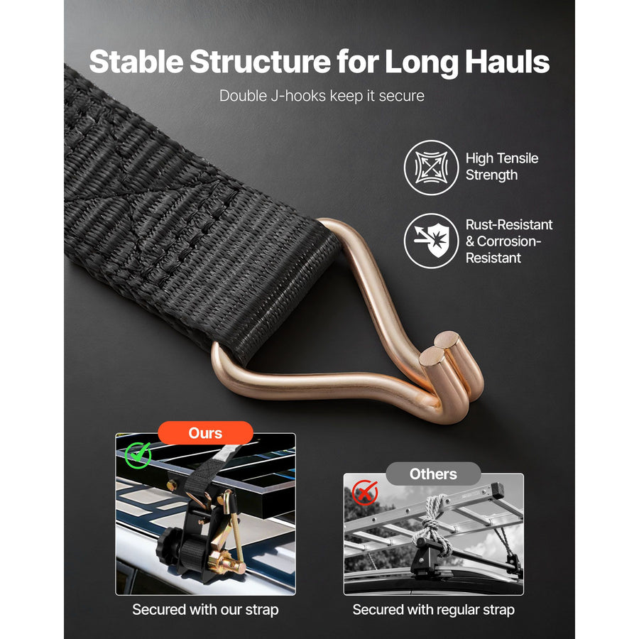 Ladder Rack Ratchet Straps, Black Square Tube Mount, 38 mm Wide x 2.25 m Long Black Ladder Rack Straps with Double J-Hooks, 226.8 kg Load Heavy Duty, Cargo Buckle Lock Strap (4 Pack)