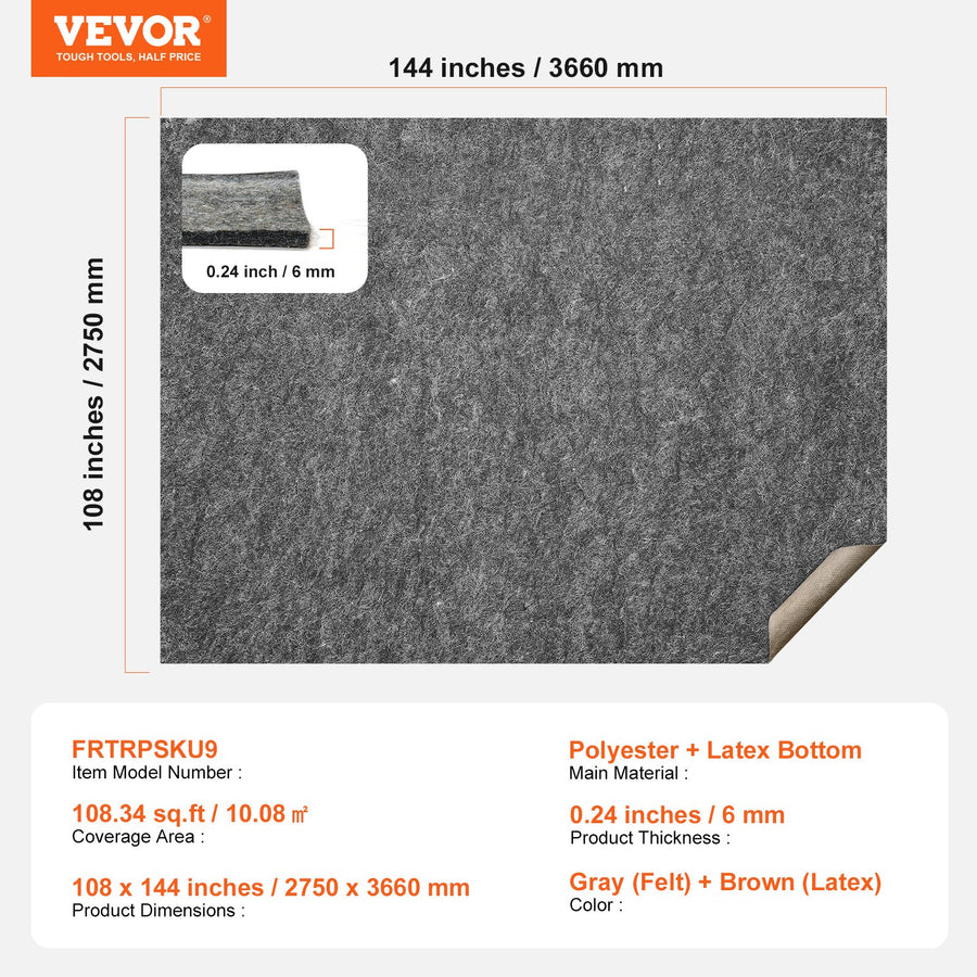 VEVOR Non Slip Rug Pad Gripper 9' x 12' Carpet Mat 0.24" Thick for All Floor, image 7