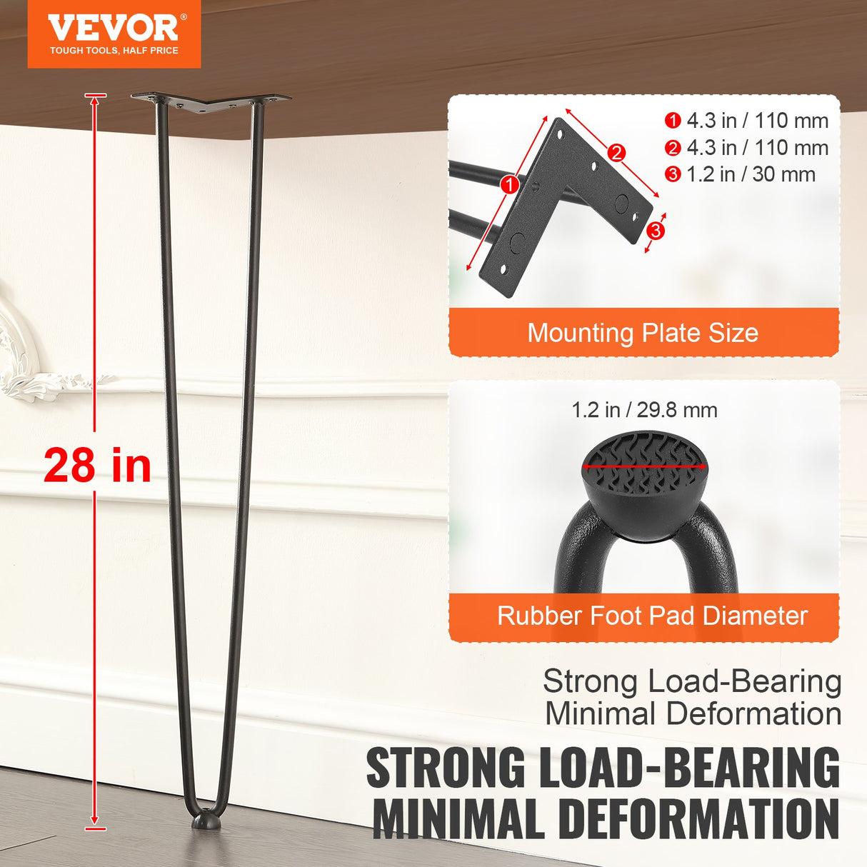 VEVOR 711.2MM Hairpin Furniture Legs, Metal Home DIY Projects for Nightstand, Coffee Table, Desk, 226.8KG Load Capacity with Rubber Floor Protectors,