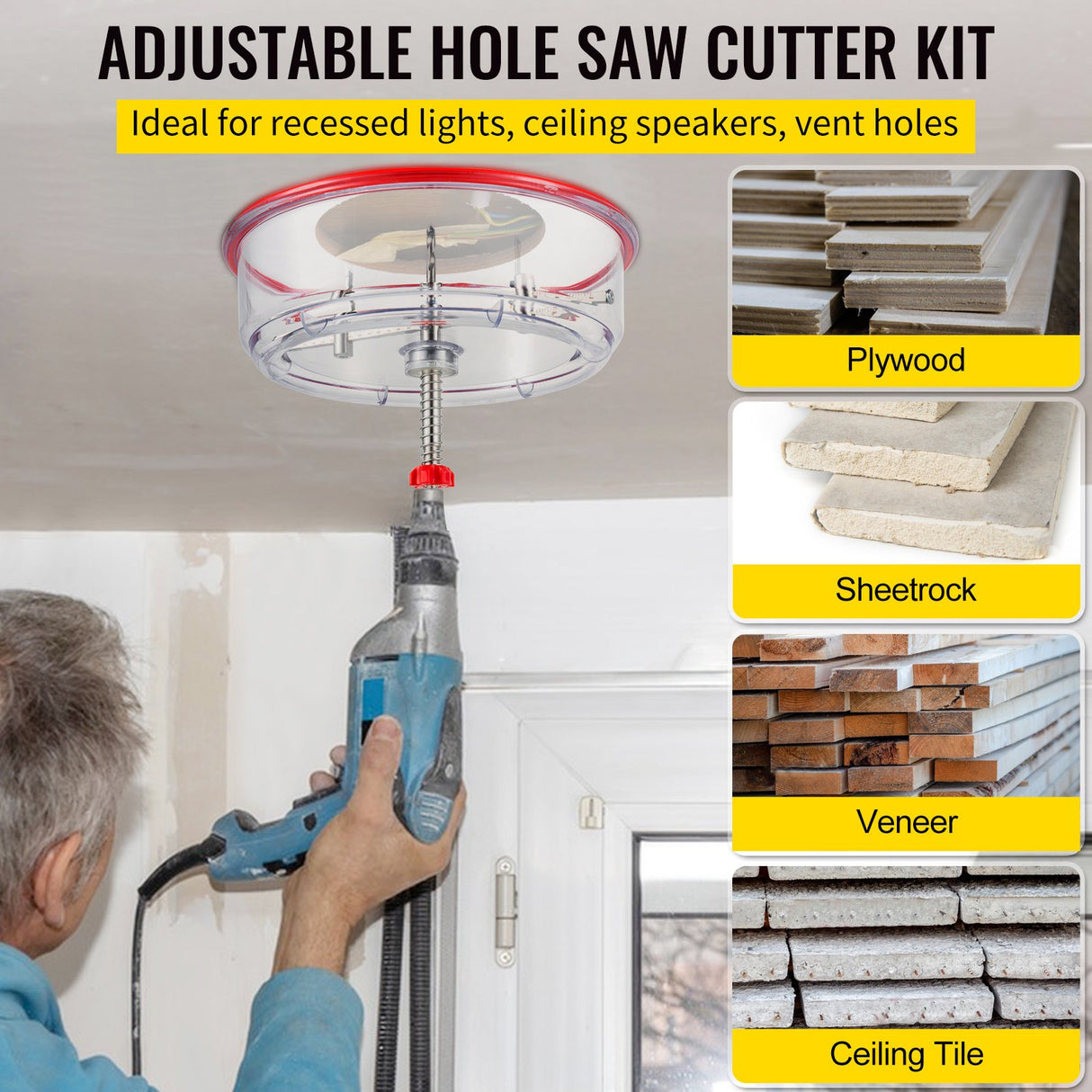 VEVOR Adjustable Hole Saw Cutter Kit, 1-5/8" to 11-13 /16" (40-300 mm), Recessed Hole Saw with PC Dust Shield, Two Replaceable Pilot Drill Bits, for