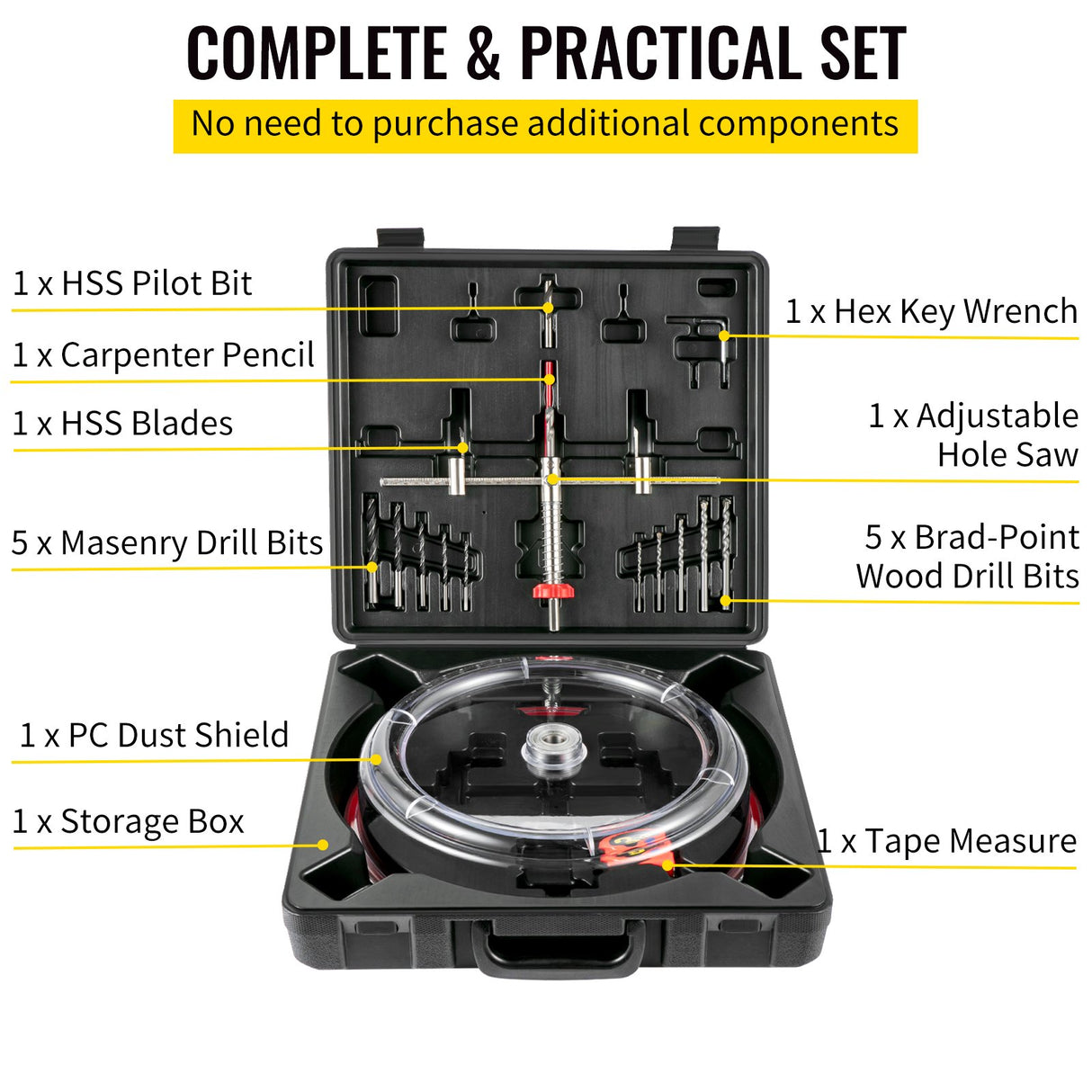 VEVOR Adjustable Hole Saw Cutter Kit, 1-5/8" to 11-13 /16" (40-300 mm), Recessed Hole Saw with PC Dust Shield, Two Replaceable Pilot Drill Bits, for