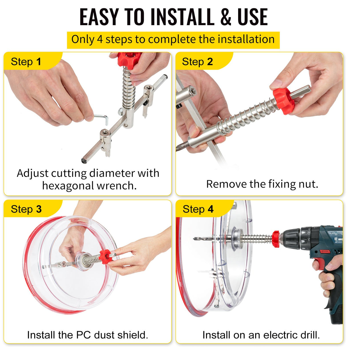 VEVOR Adjustable Hole Saw Cutter Kit, 1-5/8" to 11-13 /16" (40-300 mm), Recessed Hole Saw with PC Dust Shield, Two Replaceable Pilot Drill Bits, for