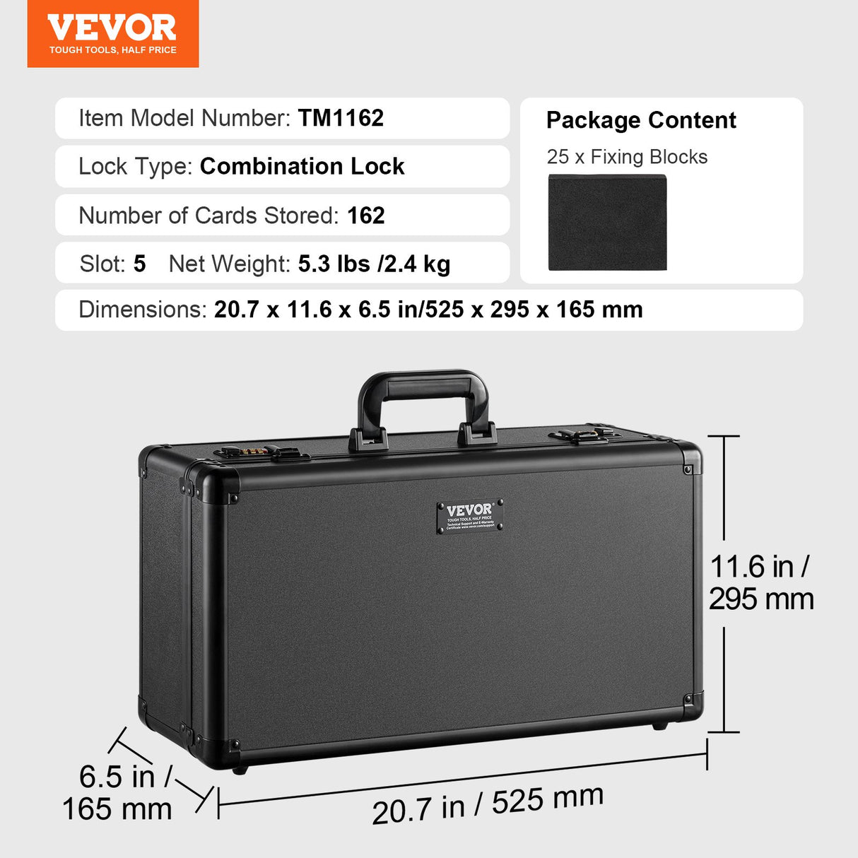 VEVOR Graded Card Storage Box, 5 Slots, Graded Sports Cards Holder Carrying Case with Coded Lock Foam Dividers, for 162 PSA Graded Cards 115 BGS Cards