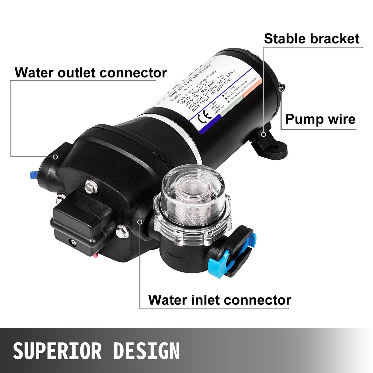 VEVOR Water Pressure Diaphragm Pump, 12V FL-40 High Pressure Diaphragm Water Pump, 40PSI Automatic Self Priming Water Pump, 17L/MIN Misting Booster