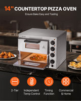Commercial Pizza Oven Countertop, 14-Inch Double Deck Layer, Stainless Steel Electric Pizza Oven with Stone and Handle, Multipurpose Indoor Pizza Maker for Restaurant Home Pretzels Baked - Front View