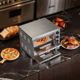 Commercial Pizza Oven Countertop, 14-Inch Double Deck Layer, Stainless Steel Electric Pizza Oven with Stone and Handle, Multipurpose Indoor Pizza Maker for Restaurant Home Pretzels Baked - Low Angle
