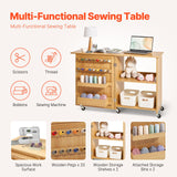 VEVOR Folding Sewing Table with Lockable Wheels Shelves Trays Door Wood Color - Front View