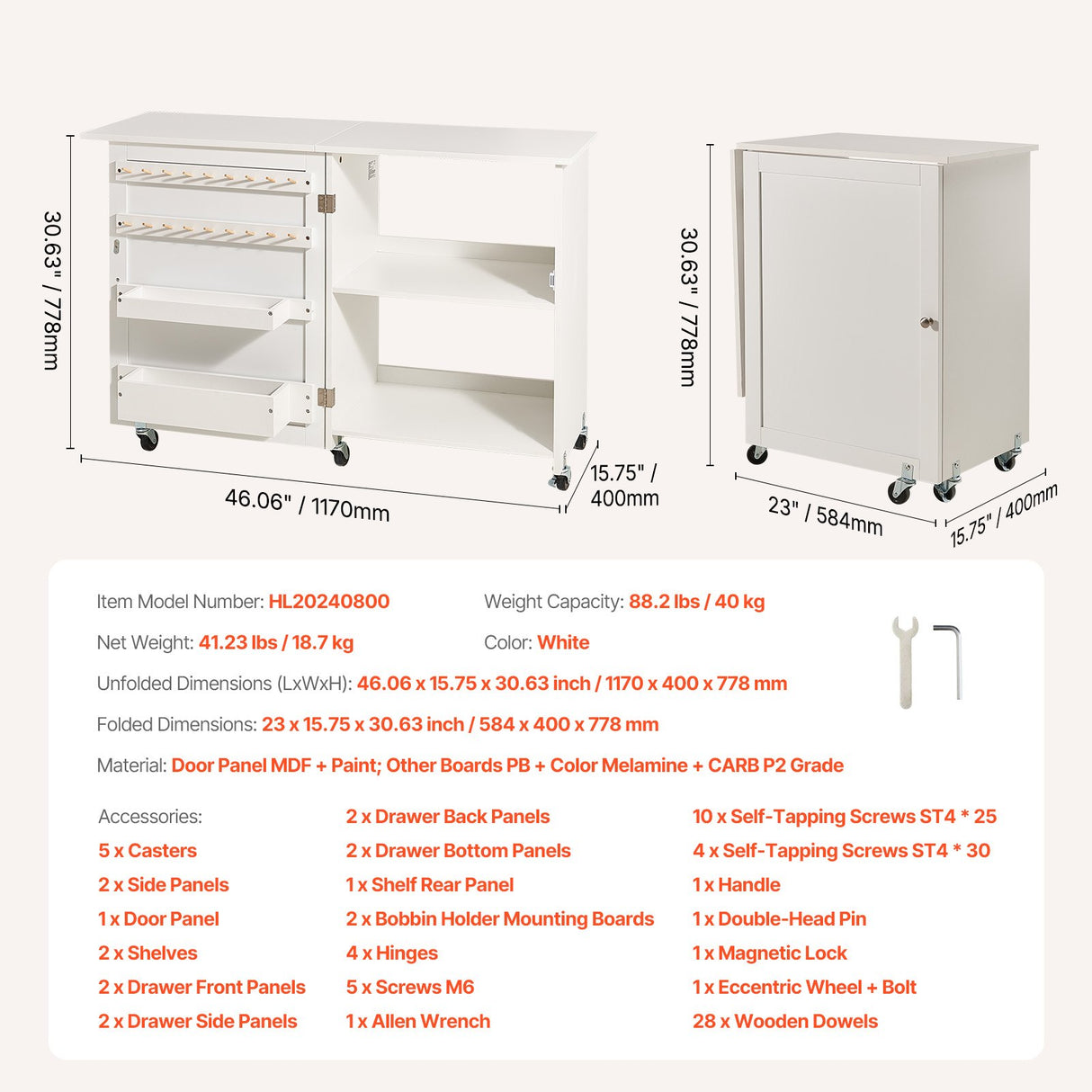 VEVOR Folding Sewing Table with Lockable Wheels Storage Shelves Trays Door White