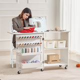 VEVOR Folding Sewing Table with Lockable Wheels Storage Shelves Trays Door White - Close-Up Angle