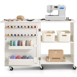 VEVOR Folding Sewing Table with Lockable Wheels Storage Shelves Trays Door White - Low Angle
