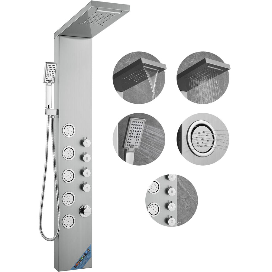 Shower Panel System, 4 Shower Modes Shower Panel Tower, Rainfall, Waterfall, 5 Full Body Massage Jets and 3-Setting Handheld Shower Head with 59" Hose, Stainless Steel Wall-Mounted Shower Set