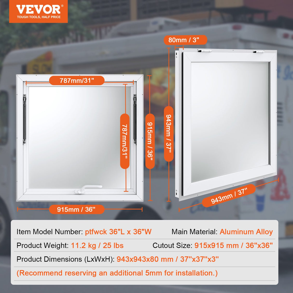 Concession Window 91x91cm, Aluminum Alloy Food Truck Service Window with Awning Door & Drag Hook, Up to 85 Degrees Stand Serving Window for Food Trucks Concession Trailers, Glass Not Included