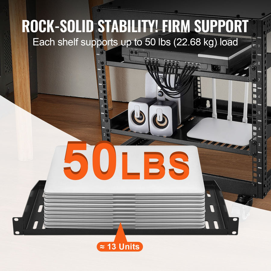 2PCS 1U Server Rack Shelf, 254mm Depth, 22.68kg Max Load Capacity Vented Cantilever or Wall Mount Rack Mount Shelf with Tray, Good Air Circulation for 482.6mm Network Cabinet or Equipment Rack