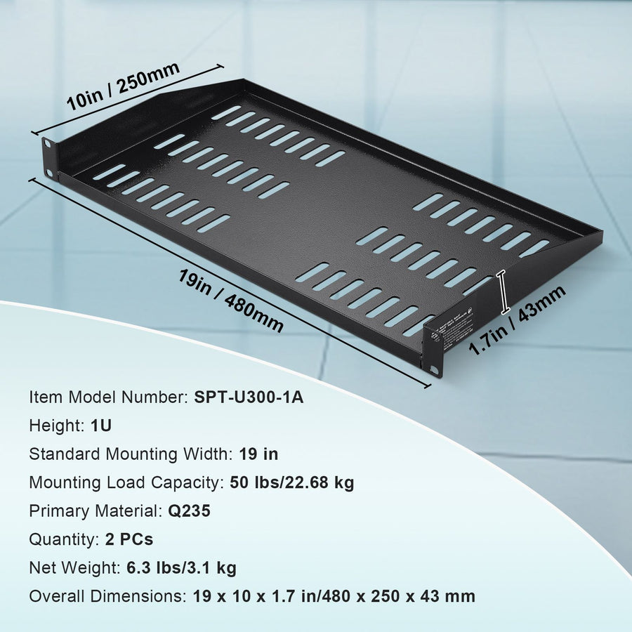 2PCS 1U Server Rack Shelf, 254mm Depth, 22.68kg Max Load Capacity Vented Cantilever or Wall Mount Rack Mount Shelf with Tray, Good Air Circulation for 482.6mm Network Cabinet or Equipment Rack