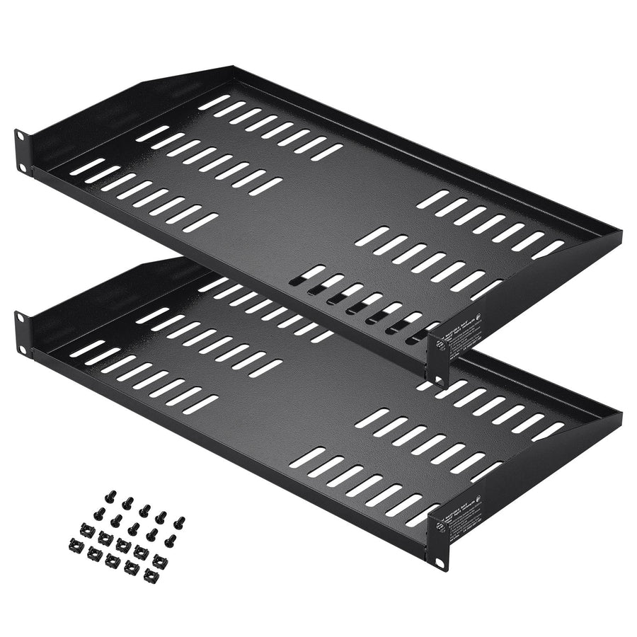 2PCS 1U Server Rack Shelf, 254mm Depth, 22.68kg Max Load Capacity Vented Cantilever or Wall Mount Rack Mount Shelf with Tray, Good Air Circulation for 482.6mm Network Cabinet or Equipment Rack
