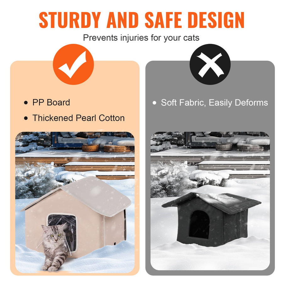 Elevated Heated Cat House, Outdoor Kitty Shelter with Timer, 600D Oxford Cloth Foldable Cat Shelter with Heated Pad for Winter to Stay Warm and Cozy, Brown (Middle)