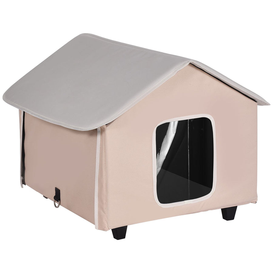 Elevated Heated Cat House, Outdoor Kitty Shelter with Timer, 600D Oxford Cloth Foldable Cat Shelter with Heated Pad for Winter to Stay Warm and Cozy, Brown (Middle)