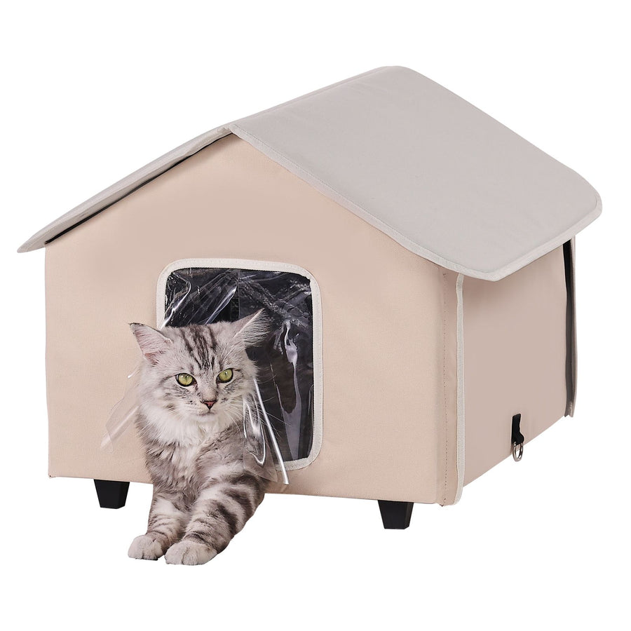 Elevated Heated Cat House, Outdoor Kitty Shelter with Timer, 600D Oxford Cloth Foldable Cat Shelter with Heated Pad for Winter to Stay Warm and Cozy, Brown (Middle)