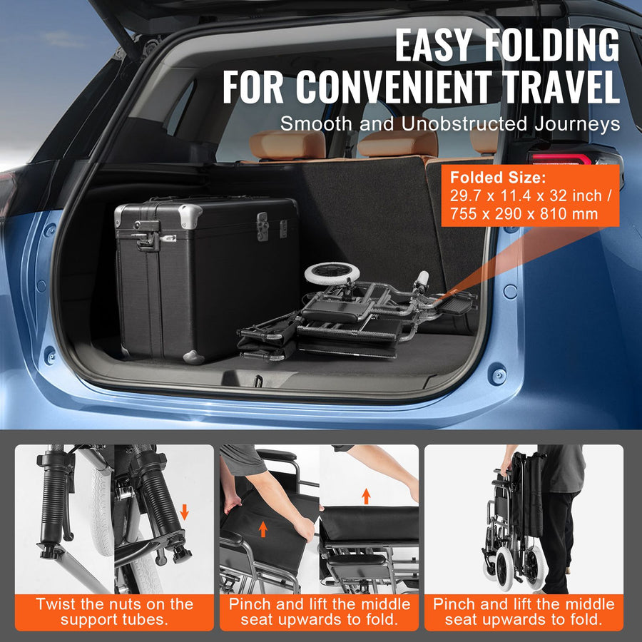 Wheelchair Steel Transport Chair Foldable Wheelchair 24-In W Seat 300lbs