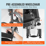 Wheelchair Steel Transport Chair Foldable Wheelchair 24-In W Seat 300lbs