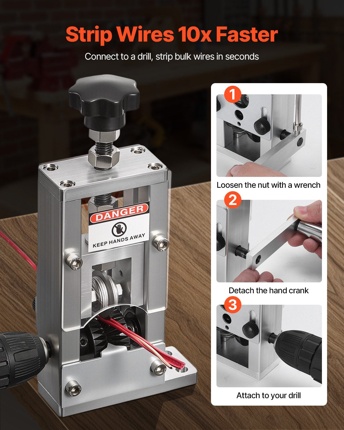 Manual Wire Stripping Machine, 1.5-25 mm, Copper Stripper with Hand Crank or Drill Powered, 64Mn Quenched Blades, 45# Steel Rollers, Aluminum Alloy Frame Wire Peeler, for Scrap Copper Recycling