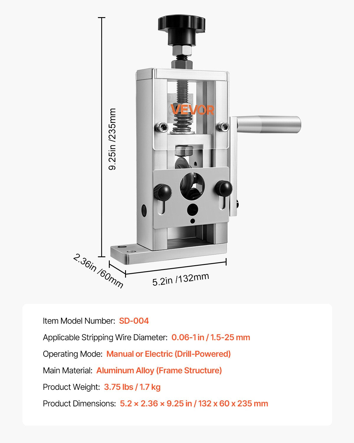 Manual Wire Stripping Machine, 1.5-25 mm, Copper Stripper with Hand Crank or Drill Powered, 64Mn Quenched Blades, 45# Steel Rollers, Aluminum Alloy Frame Wire Peeler, for Scrap Copper Recycling