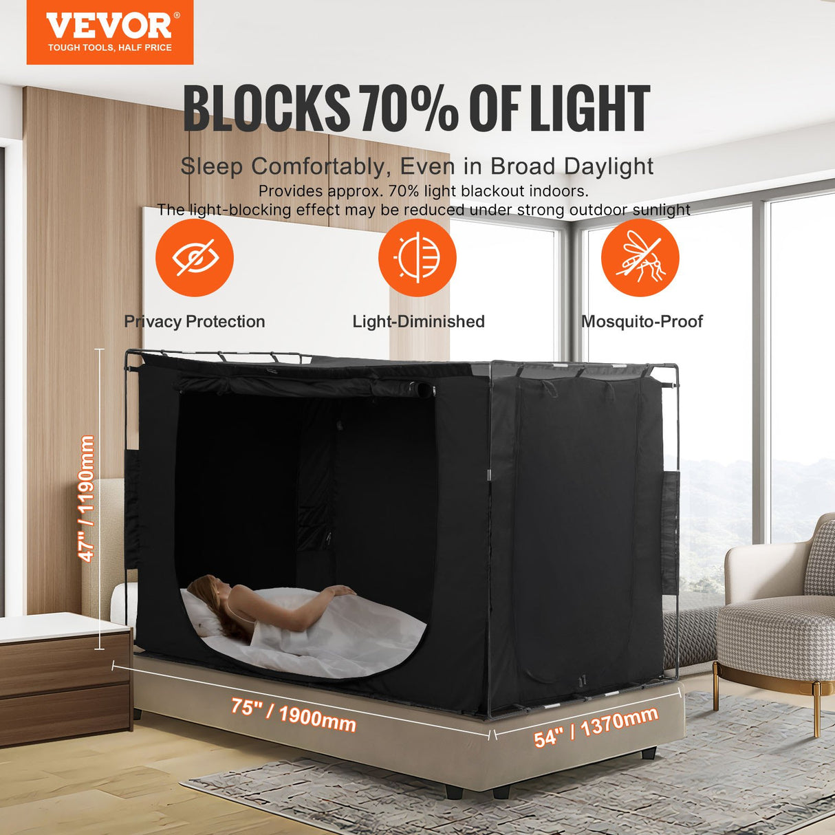 VEVOR 3 Doors Bed Tent Breathable Tent 70% Blackout with 9.5 mm Fiber Poles
