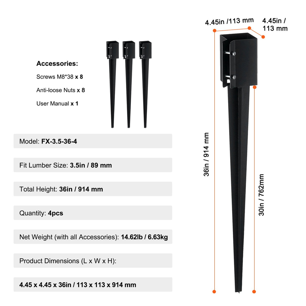 VEVOR Fence Post Anchor Ground Spike 4 Pack 36 x 4 x 4 In Metal Fence Stakes