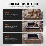 VEVOR Fire Pit Ring, 42x42 in Outer/36x36 in Inner Diameter, 10inch Height Square Fire Pit Insert, Heavy Duty Carbon Steel Liner DIY Campfire Ring above or In-Ground, for Outdoor Camping, Bonfires - 45-Degree Angle