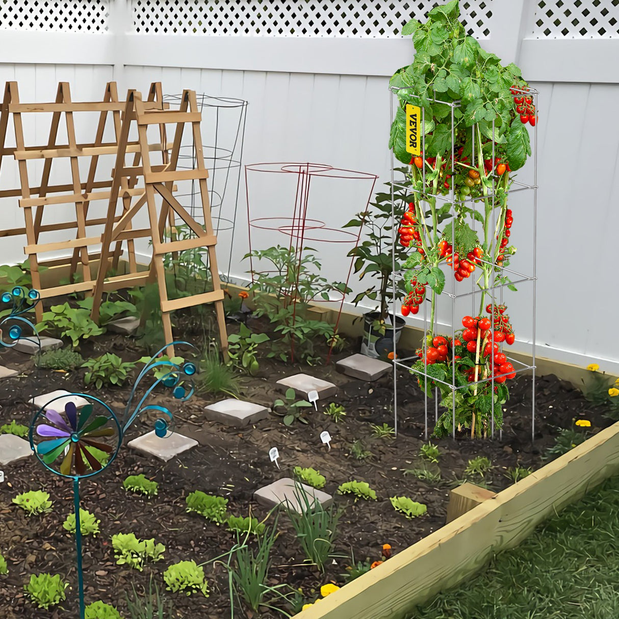 VEVOR Tomato Cages, 30 x 30 x 117 cm, 5 Packs Square Plant Support Cages, Silver PVC-Coated Steel Tomato Towers for Climbing Vegetables, Plants,