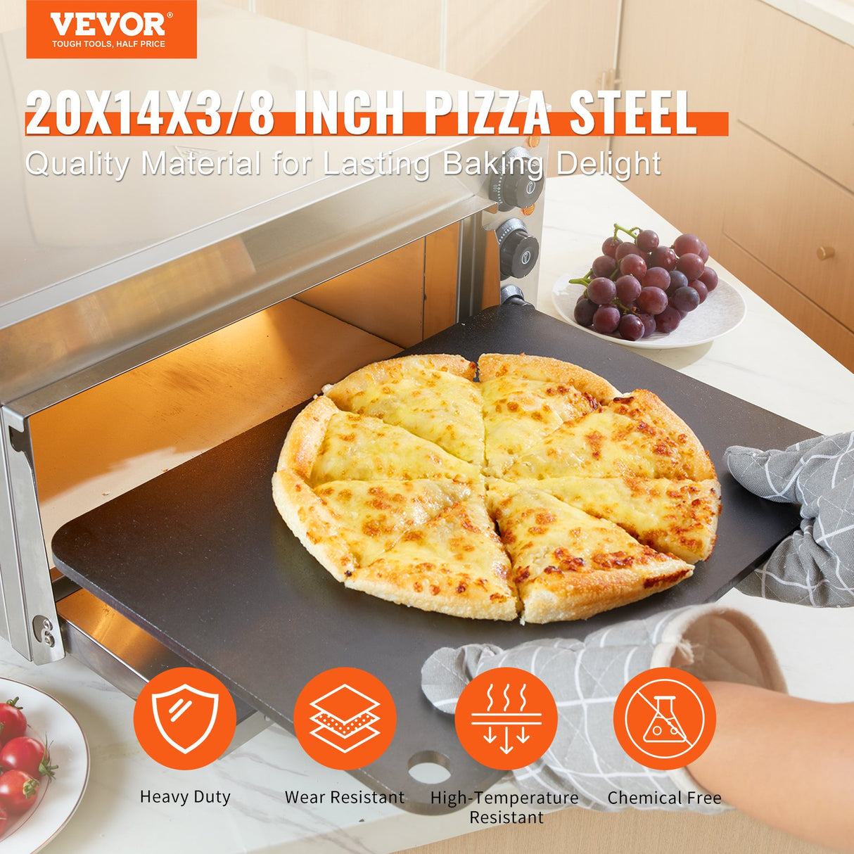 Pizza Steel, 20" x 14" x 3/8" Pizza Steel Plate for Oven, Pre-Seasoned Carbon Steel Pizza Baking Stone with 20X Higher Conductivity, Heavy Duty Rustproof Pizza Pan for Outdoor Grill, Indoor Oven