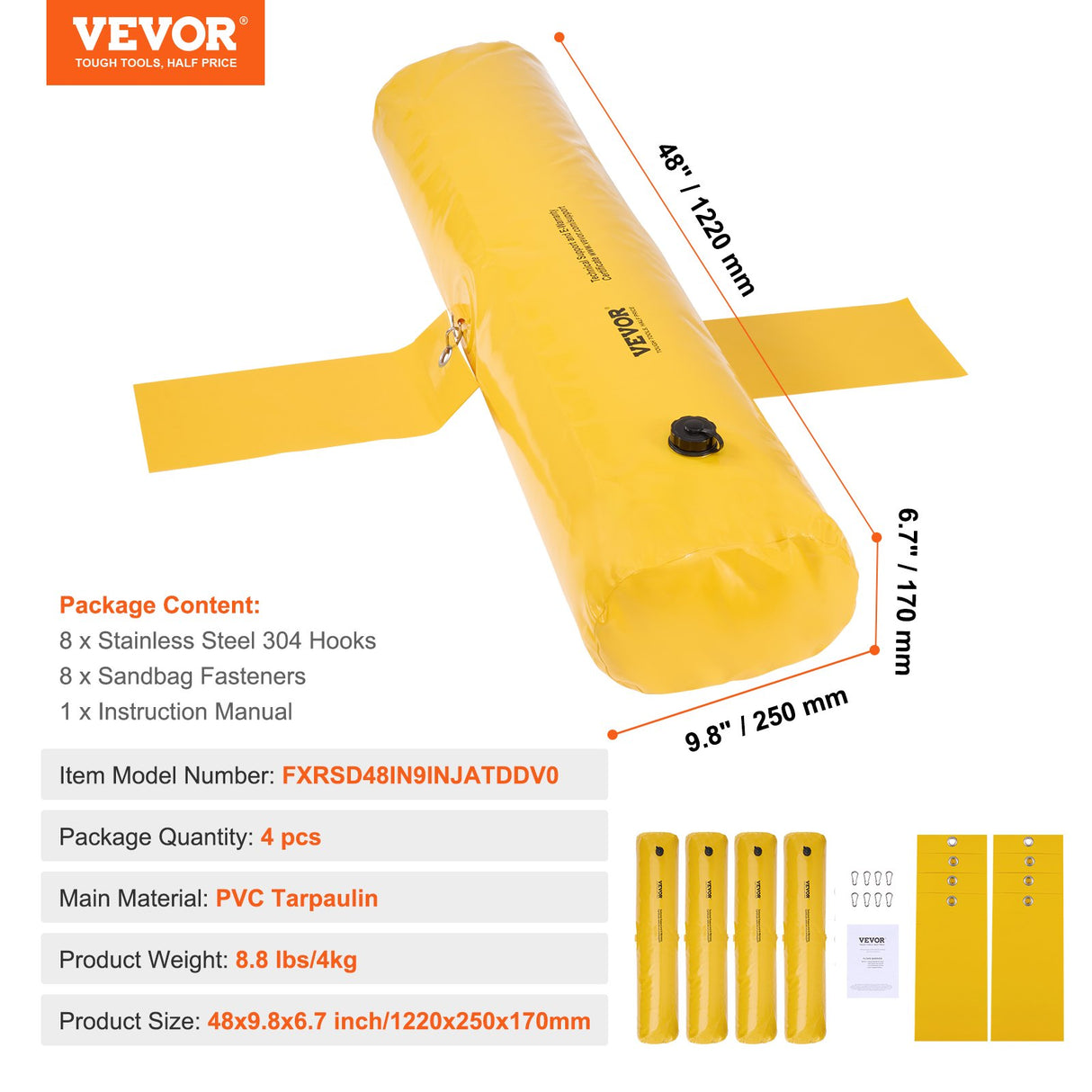 VEVOR Flood Barriers, Sandbag Alternative Flood Bags 4 Pack, Flood Barrier for Home, Water Barriers for Flooding, Doorway, Driveway(4FTx6in)