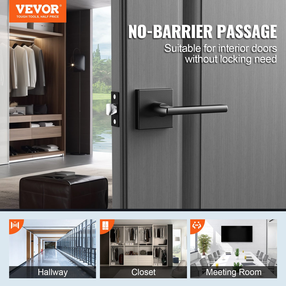 VEVOR Passage Door Handle, 1 Pack Matte Black Door Lever, Left or Right Handing Reversible Lever Non-Locking, Rotation to Open, Square Interior Door