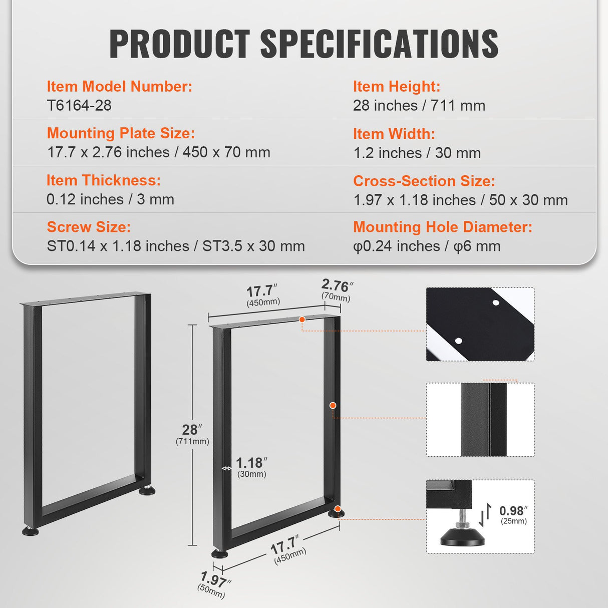 VEVOR 711.2MM Adjustable Furniture Legs, Square Reinforced Steel Office Table legs Set of 2 for DIY, Max Load 453.6KG Heavy Duty Desk Legs, Quick Instalation & Rich Accessories Legs Black