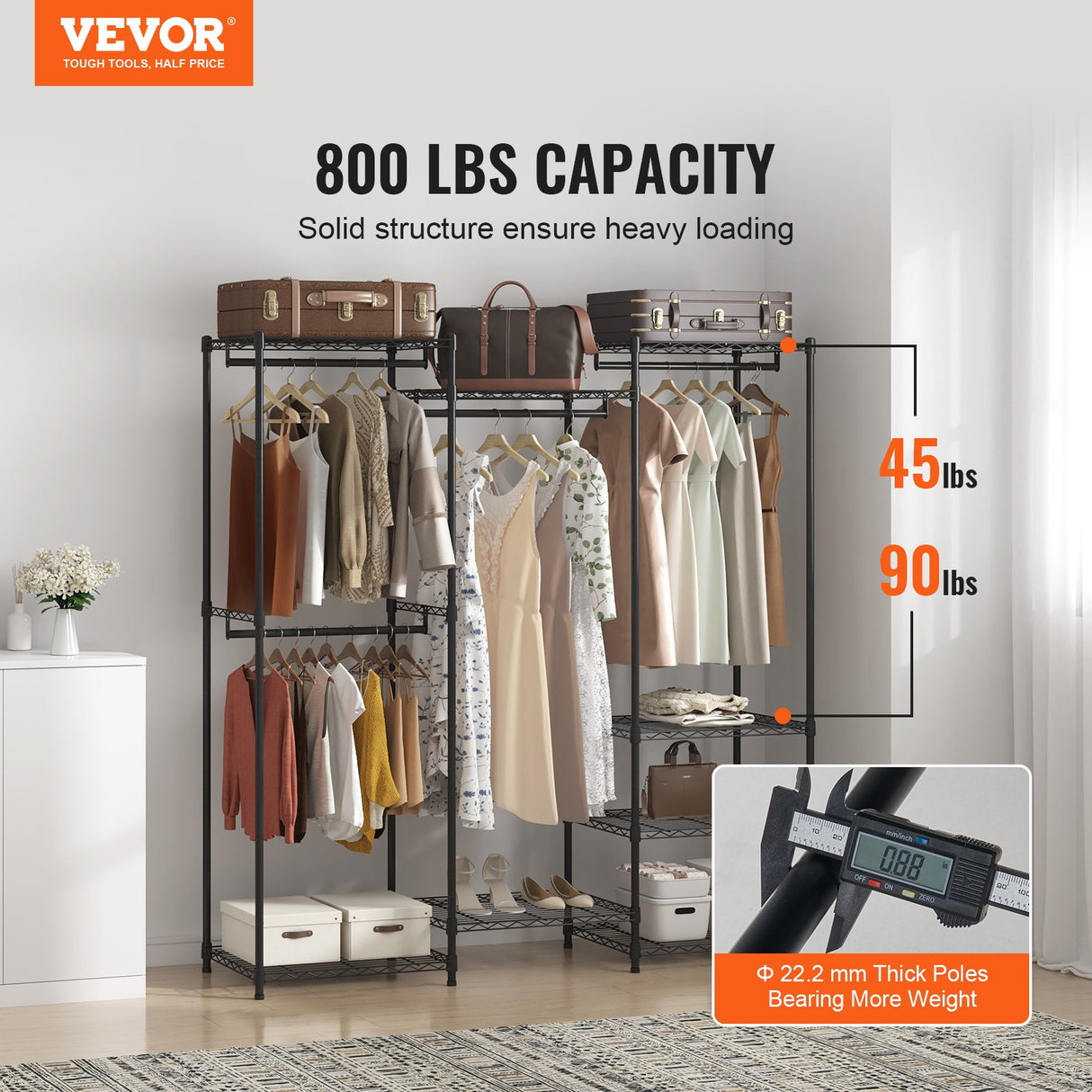 VEVOR Heavy Duty Clothes Rack, Rolling Clothing Garment Rack with 4 Hang Rods & 8 Storage Tiers, Adjustable Custom Closet Rack, Freestanding Wardrobe for Hanging Clothes, 362 kg Load Capacity