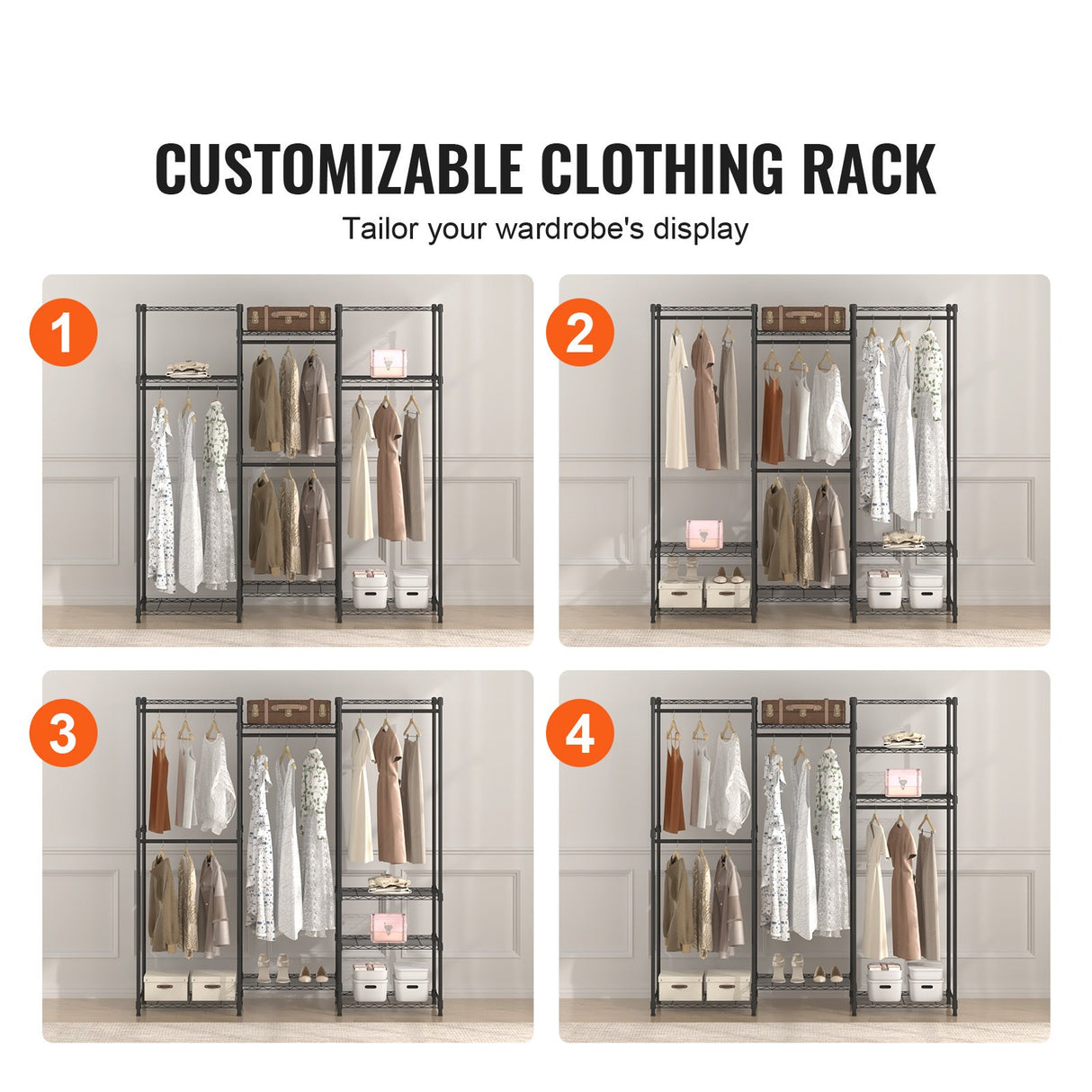 VEVOR Heavy Duty Clothes Rack, Rolling Clothing Garment Rack with 4 Hang Rods & 8 Storage Tiers, Adjustable Custom Closet Rack, Freestanding Wardrobe for Hanging Clothes, 362 kg Load Capacity