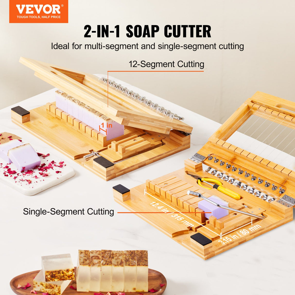VEVOR Soap Cutter, Cut 1-12 Bars, Precisely and Accurately Cut 1 Inch Bars, Bamboo Soap Slicer With Steel Wire, Multi Handmade Soap Wire Cutter for Loaf Candles Cheese Butter DIY Making Tool